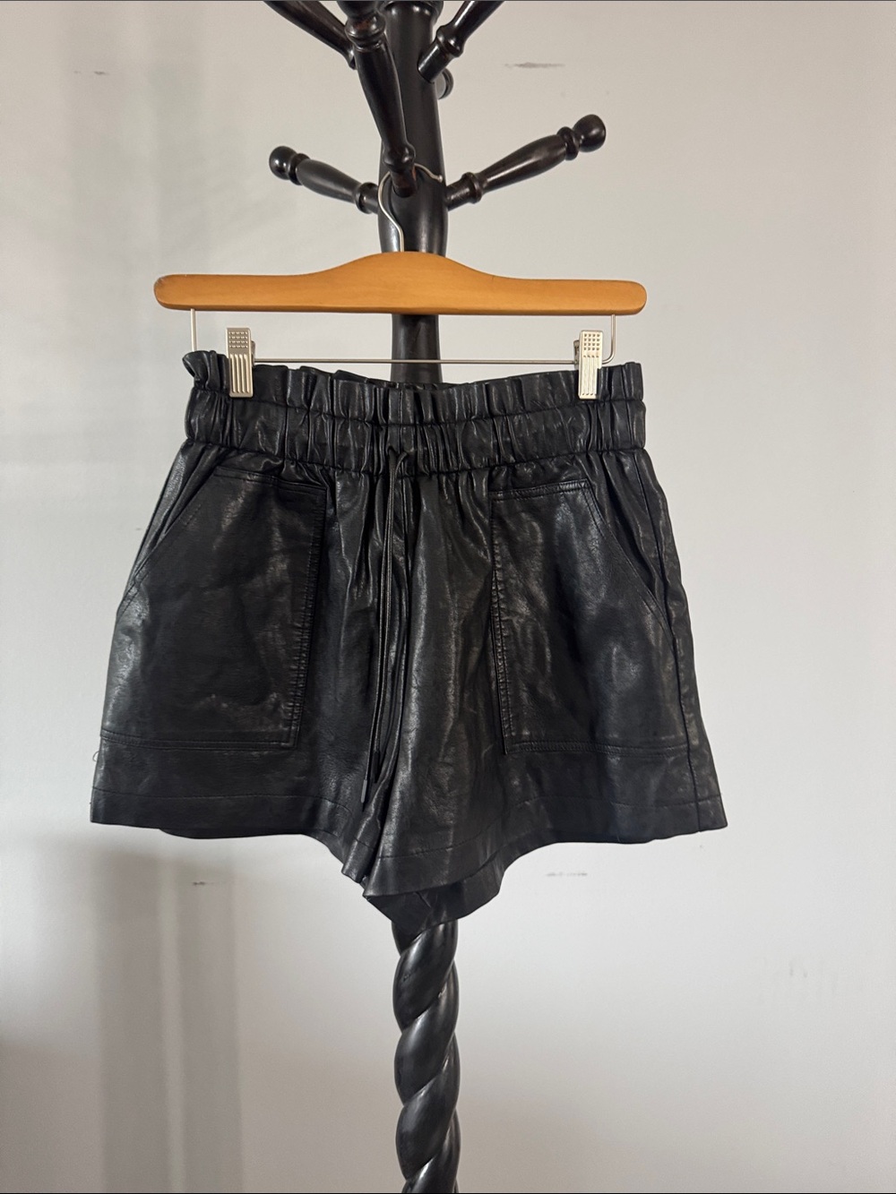 Black Faux Leather Elastic Waist Shorts